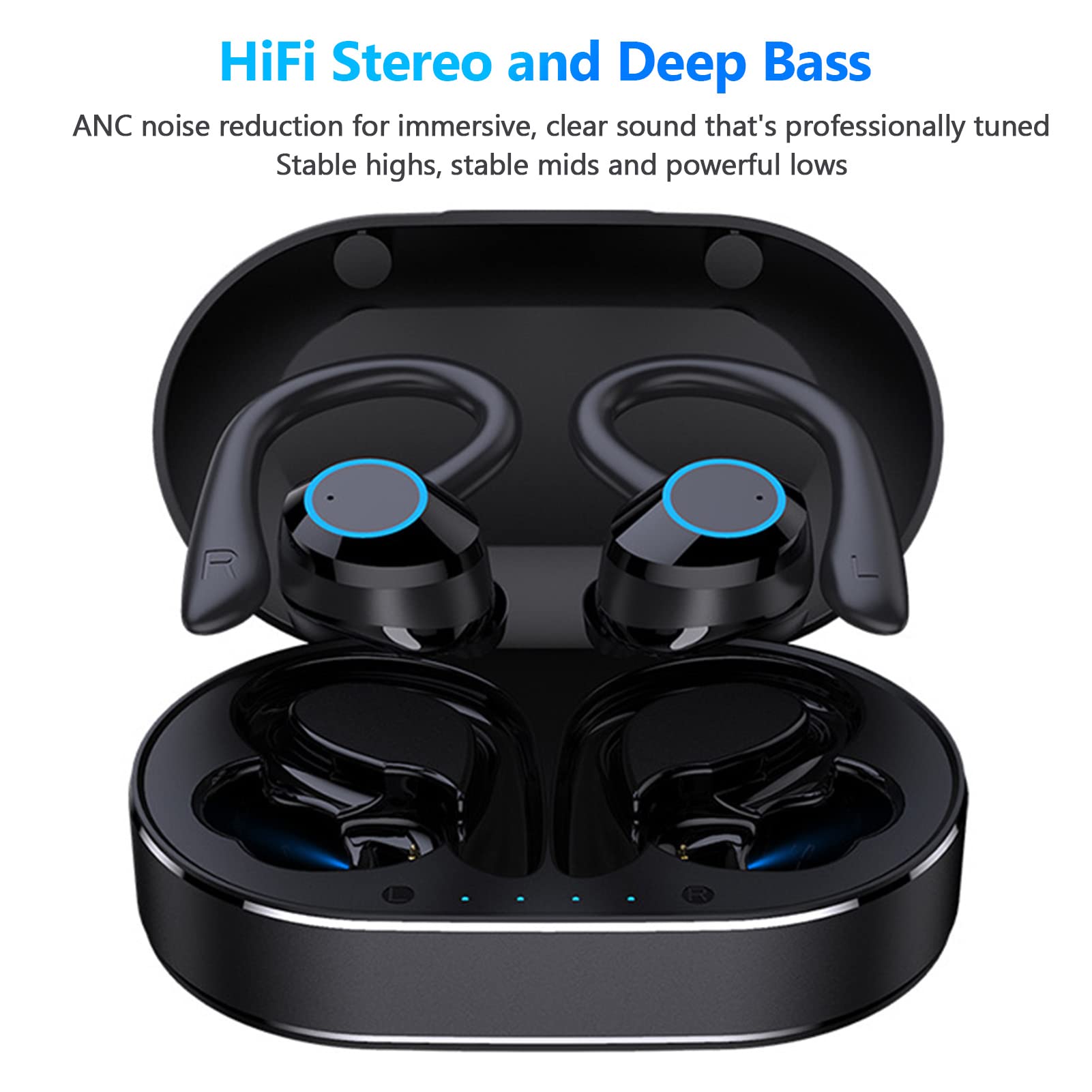 in Ear Earphones Stereo Sound Earbud with Earhooks,Wireless Earbuds Bluetooth Headphones with Mic,Noise Cancelling Headphones for Driving Sports Travel Black