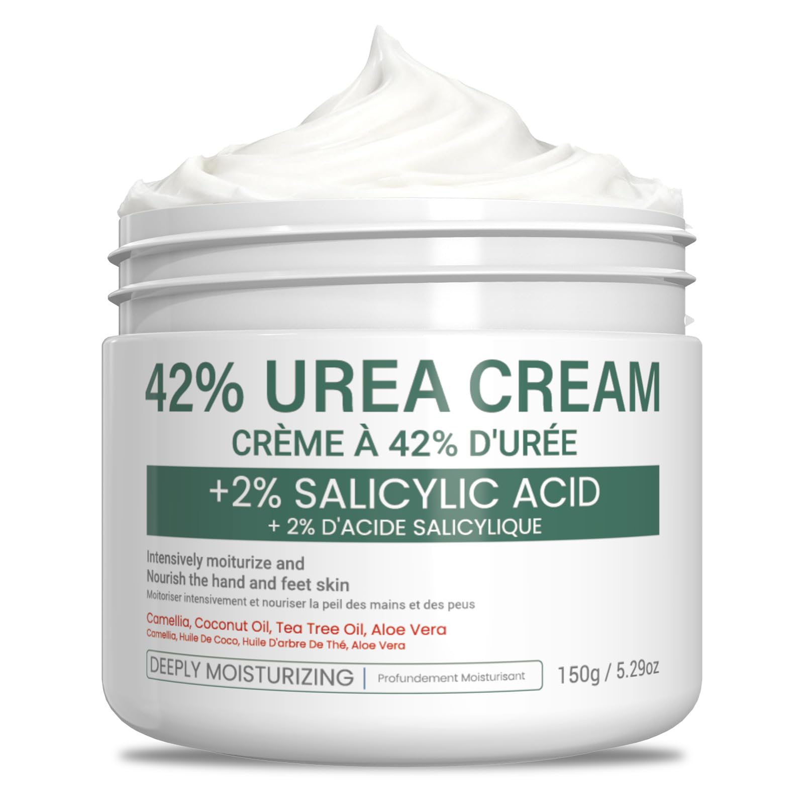 Urea Cream 42% - 2% Salicylic Acid Foot & Hand Moisturizer, 150g with Tea Tree Oil, Aloe Vera & Coconut Oil, Non-Greasy Daily Care for Men & Women (green)