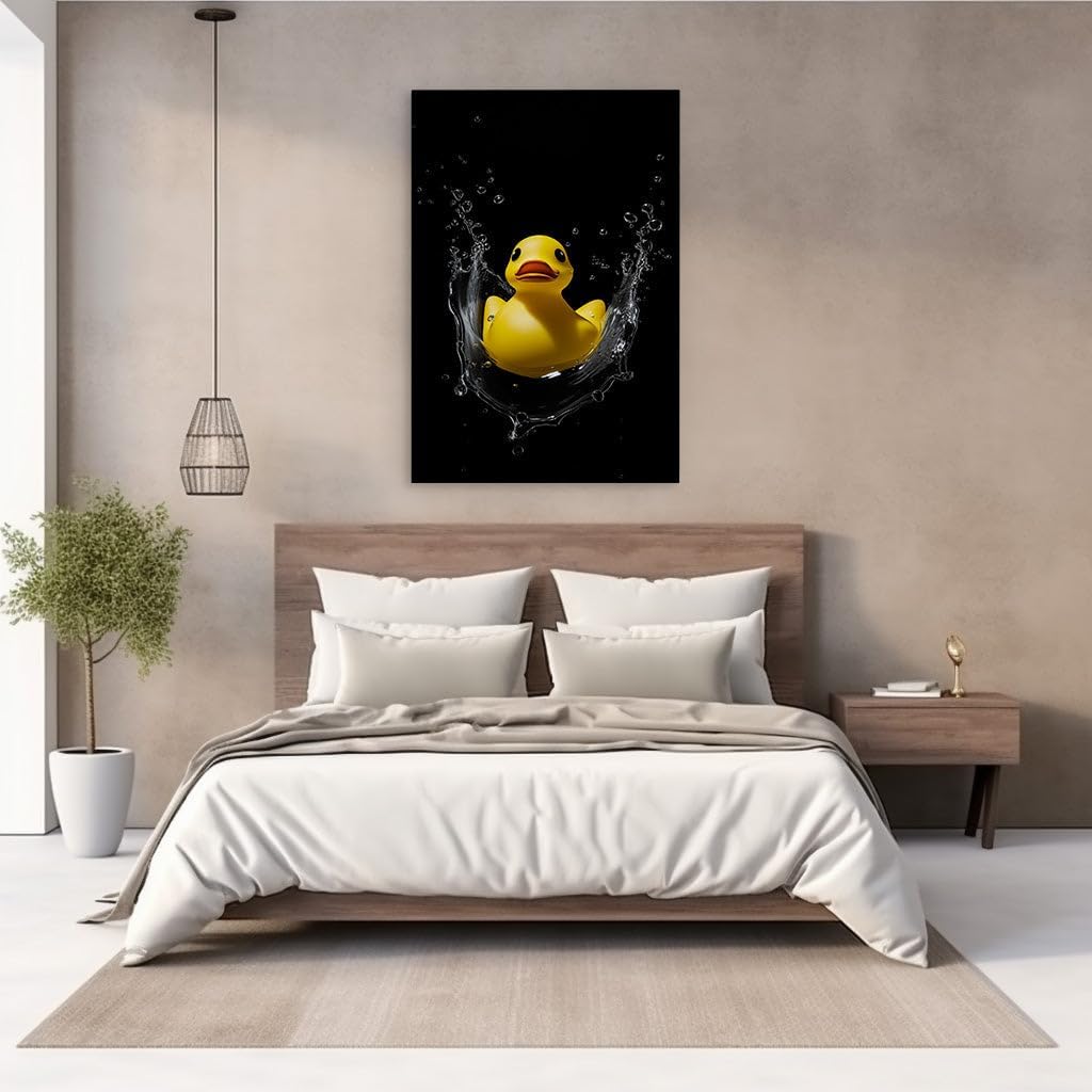 Canvas for Living room. Duck in Motion: A Splash of Vibrancy Against the Stillness of Black, 27 x 18 inch Canvas Wall Art - Contemporary Masterpieces - Modern Home Decor