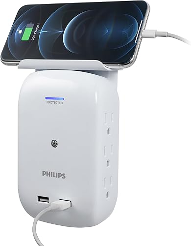 Philips Grifo de 6 salidas con estante para dispositivos, 450J, 2 puertos USB (2.4A), blanco - SPS6022WA37