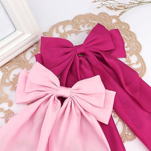 Miniatura 7 de Exacoo Lazo para el cabello rosa, 2 lazos grandes de satén sedoso para mujer, cintas de pelo de gran tamaño, cola larga, lazo grande para el