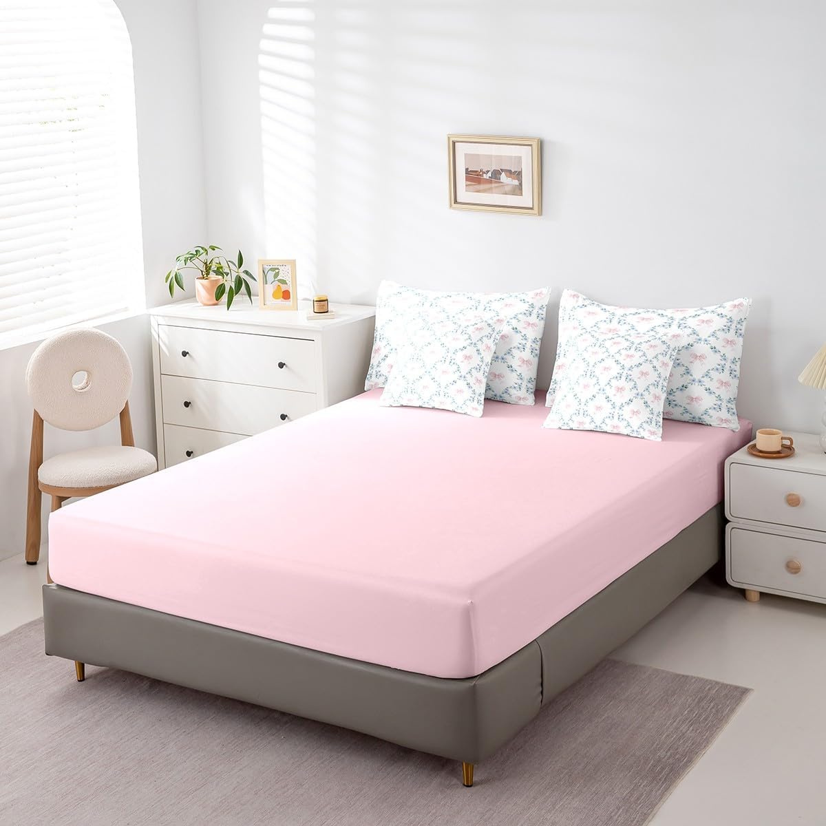 Erosebridal Pink Kawaii Ribbon Bow King Comforter Set for Kids Girls Teen,Blue Flowers Plaid Bowknot Bed in A Bag Cute Girly Bow Bedding Set 7 Pcs Plant Floral Leaves Bed Set