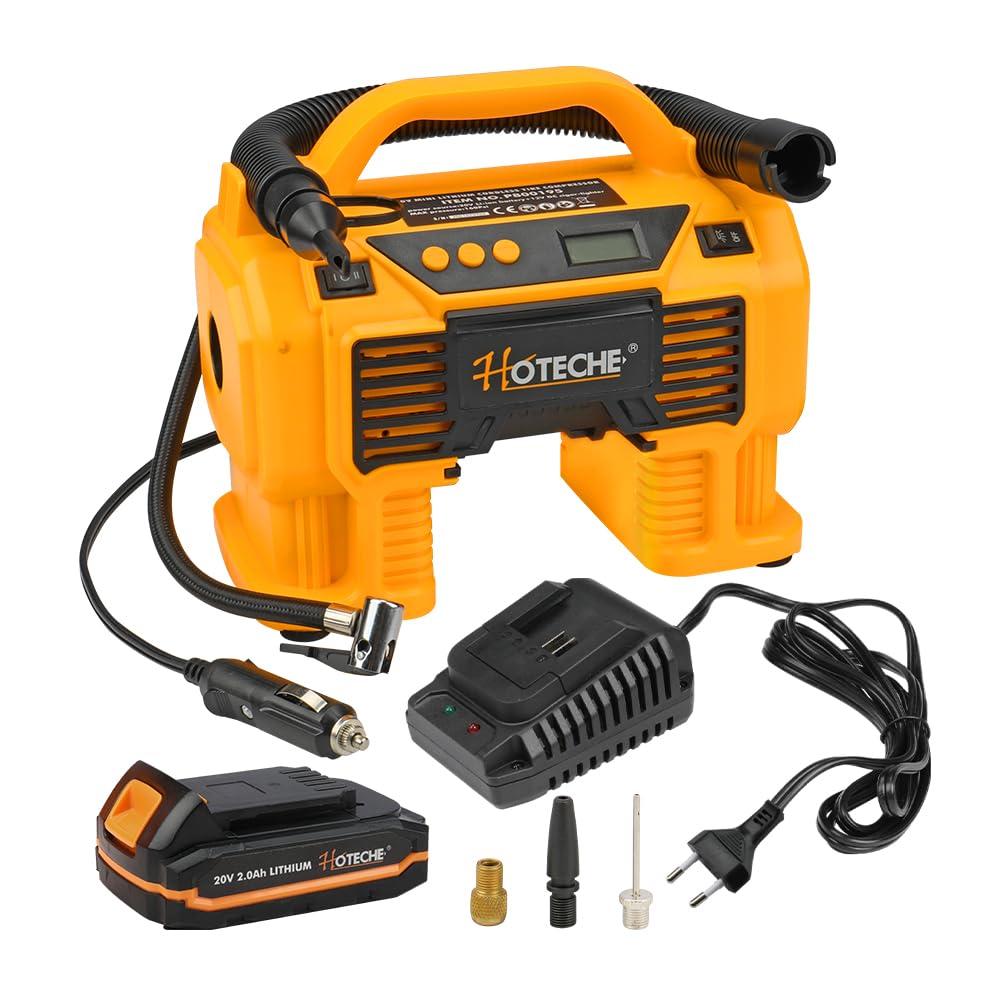 Hoteche 2-in-1 Battery Air Compressor Max 160PSI 11L/Min Digital Display with Lights and Accessories