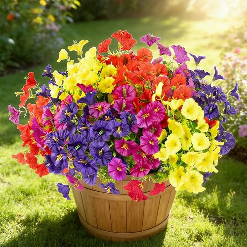 Image of 12 Bundles Artificial Flowers for Outdoors, Fake Silk Morning Glory(Mix) | Artificial Flowers UV Resistant Faux Eucalyptus Plants for Summer Home Garden Balcony Yard Porch