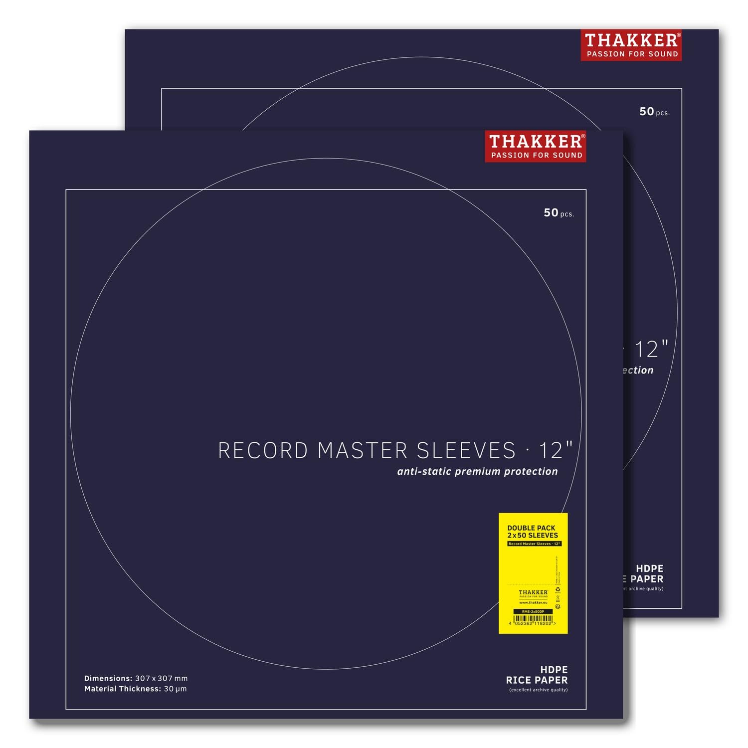 THAKKER Record Master Sleeves - 12' - 50 Pochettes intérieures antistatiques | Protection Premium pour Les disques 12' | Excellente qualité | HDPE 30µm Plus Doublure en Papier de Riz | 307mm x 307mm