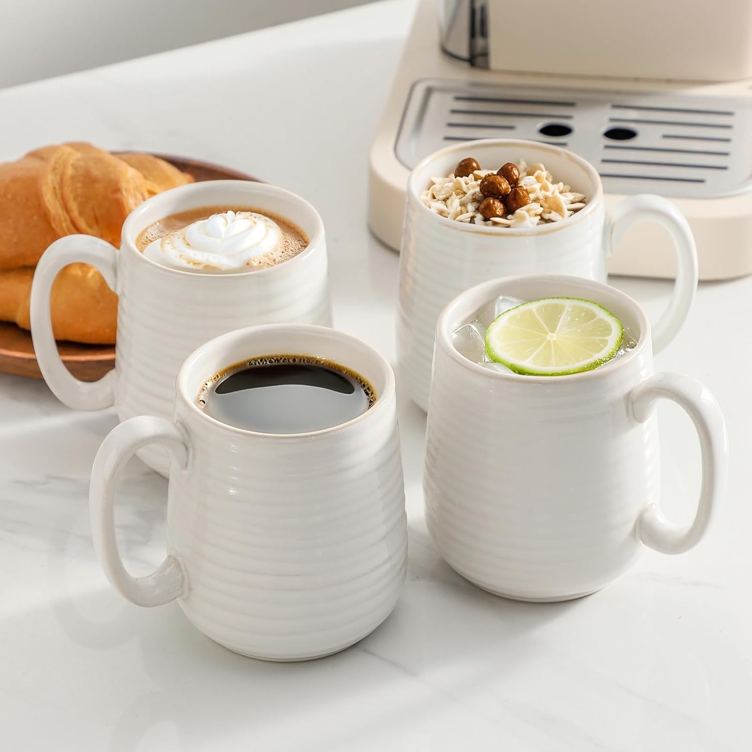 MEKY Coffee Mugs, 15 OZ Ceramic Coffee Cups Set of 4, Latte Mug with Handle for Latte Milk Cappuccino Cocoa Mocha Tea For Dad and Mom as Gifts, Dishwasher Microwave Safe, Arctic White