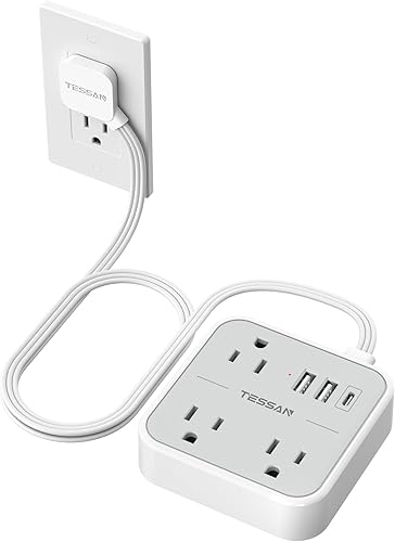 Miniatura 13 de TESSAN Cable de extensión plano ultradelgado de 5 pies, regleta de alimentación delgada con puertos USB (1 USB C), protector contra sobretensiones