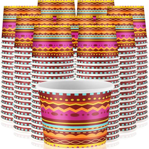 Ziliny 200 Pcs Fiesta Paper Cups Mexican Serape Disposable Beverage Cups Snack Dessert Ice Cream Soup Bowls Cinco De Mayo Party Favor for Chili Cook off Birthday Taco Wedding Christmas(5 oz)