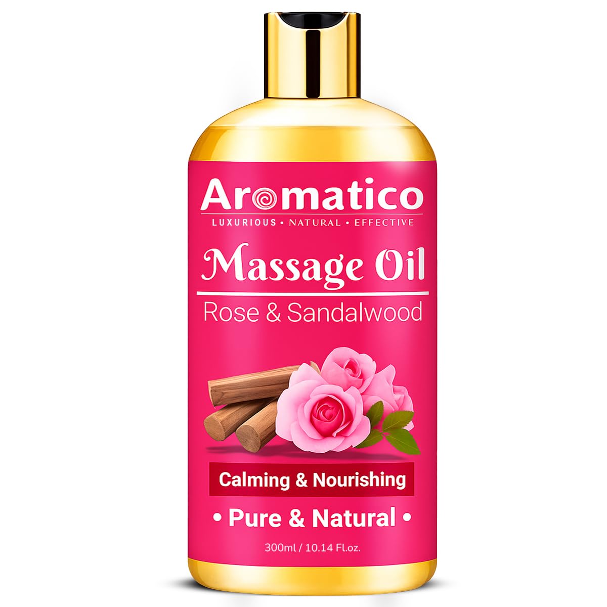 AROMATICO Rose & Sandalwood Massage Oil 300ml, Elegant & Feminine Sensual Oil for Romantic, Intimate Massages. Luxurious & Non-Sticky, 100% Natural