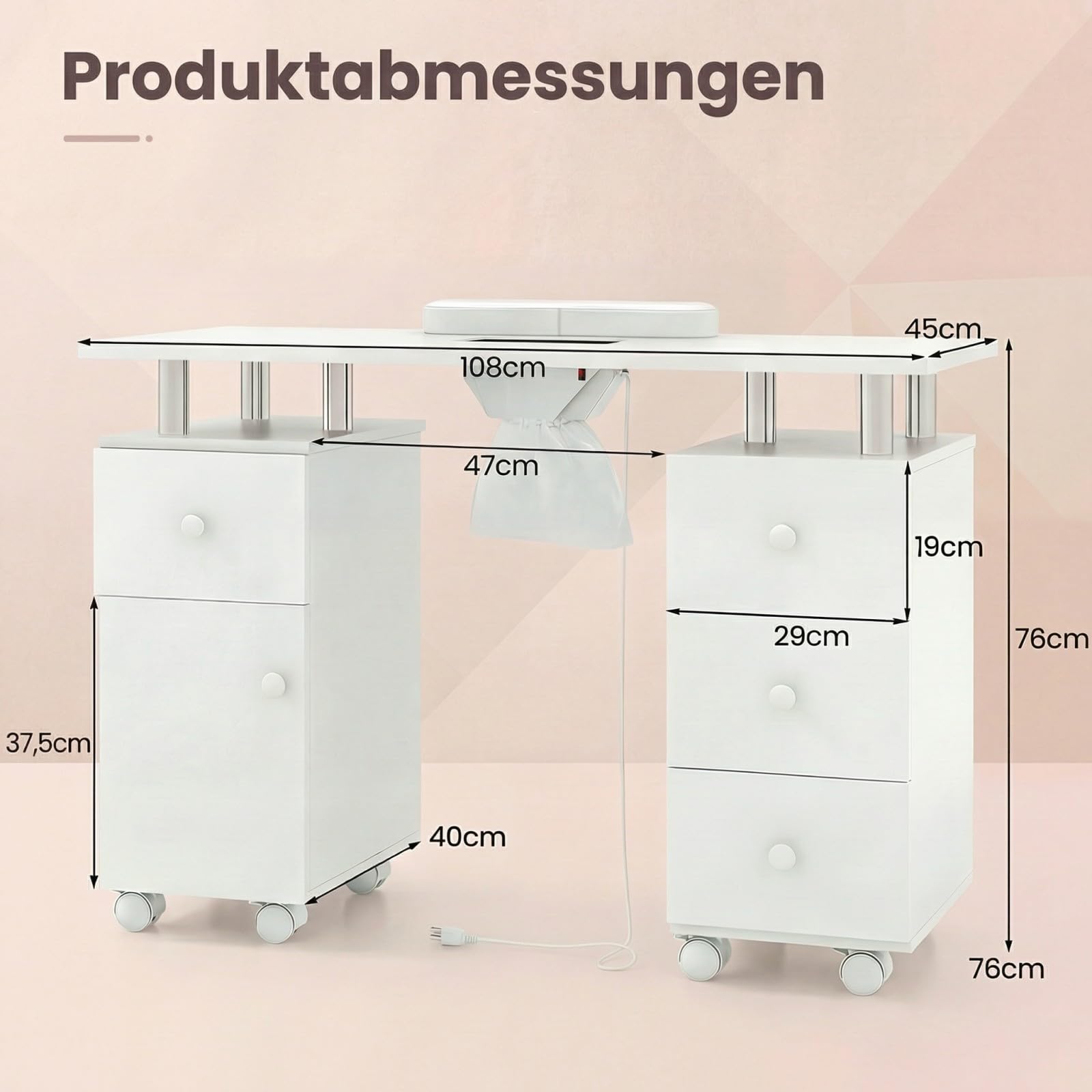 RELAX4LIFE Nageltisch, Manikürtisch mit Staubabsaugung, Handauflage & 3 Staubbeuteln, Nagel Tisch mit Schrank & 4 Schubladen, Maniküretisch mit abschließen Rollen für Nagelstudio & Maniküre (Weiß)
