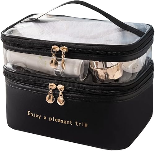 Miniatura 7 de kamumanni Bolsa de maquillaje grande de doble capa, bolsa de maquillaje impermeable transparente superior bolsa de cosméticos portátil de cuero PU
