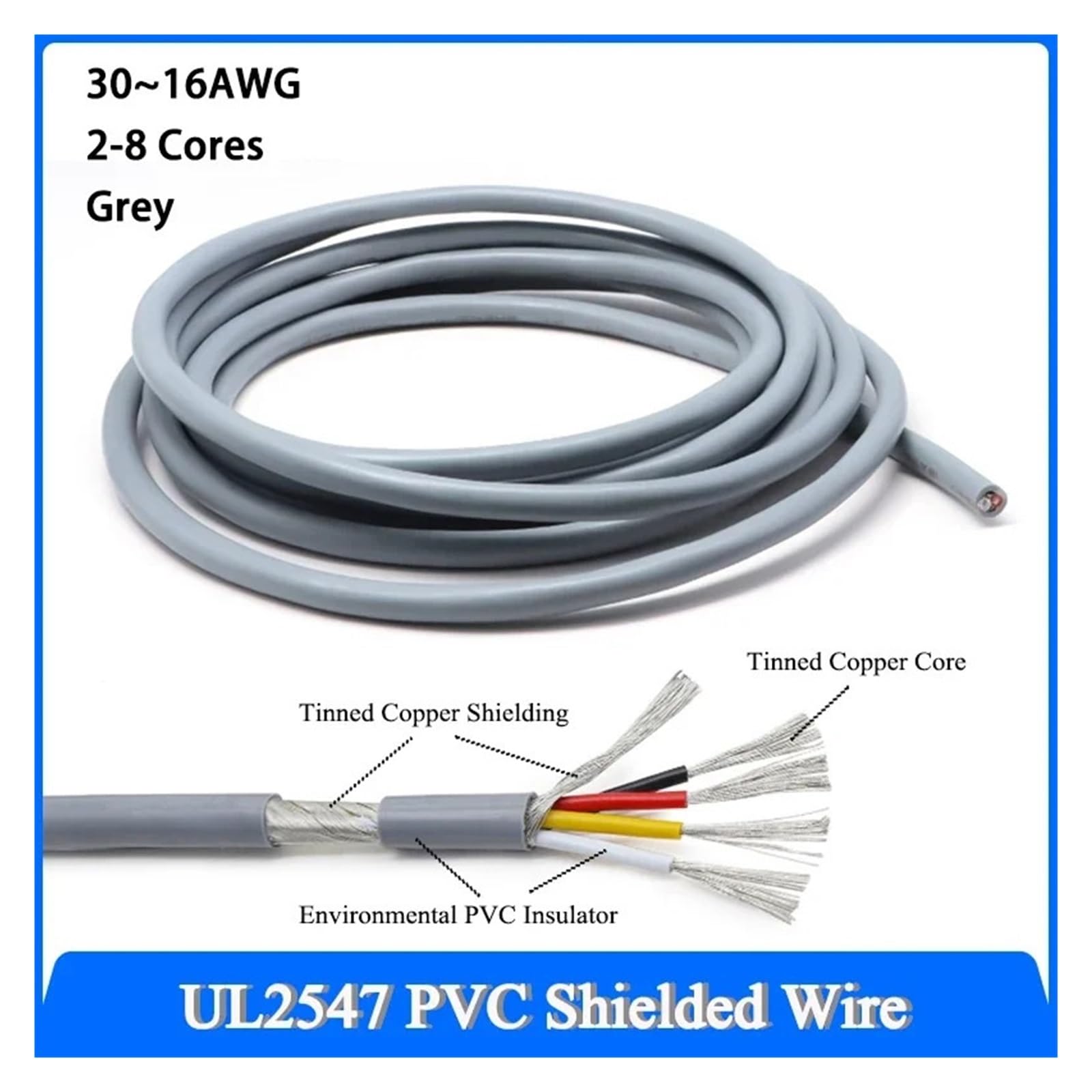 1-/2/5/10/20M Szary UL2547 Drut Ekranowany 22 20 AWG Kabel Sygnałowy 2 3 4 5 Rdzeni Kanałowa Linia Audio(3 Cores Grey,10m 22AWG)