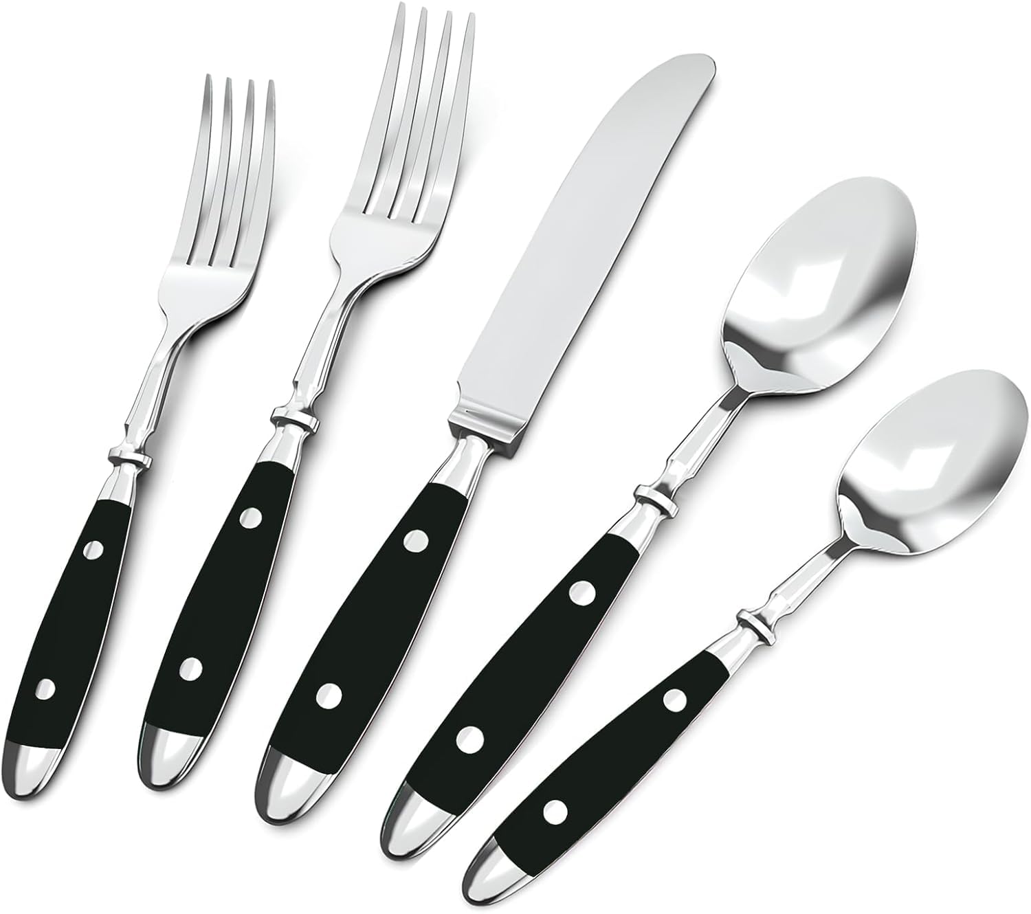 Photo 1 of QUEARI Silverware Set For 8 with Two Rivets, Vintage 40-Piece Everyday Flatware Set with Black Bakelite Handle, Stainless Steel Cutlery Set, Dishwasher Safe, Knives Spoons and Forks Set