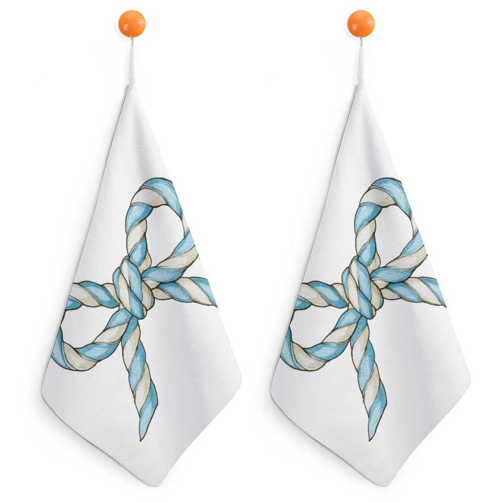 Jubonexis Twisted Nautical Rope Bow in Blue Cream Stripes Small Hand Towel with Hanging Loop 2 PCS Absorbent Soft Wash Cloth for Kitchen Bathroom