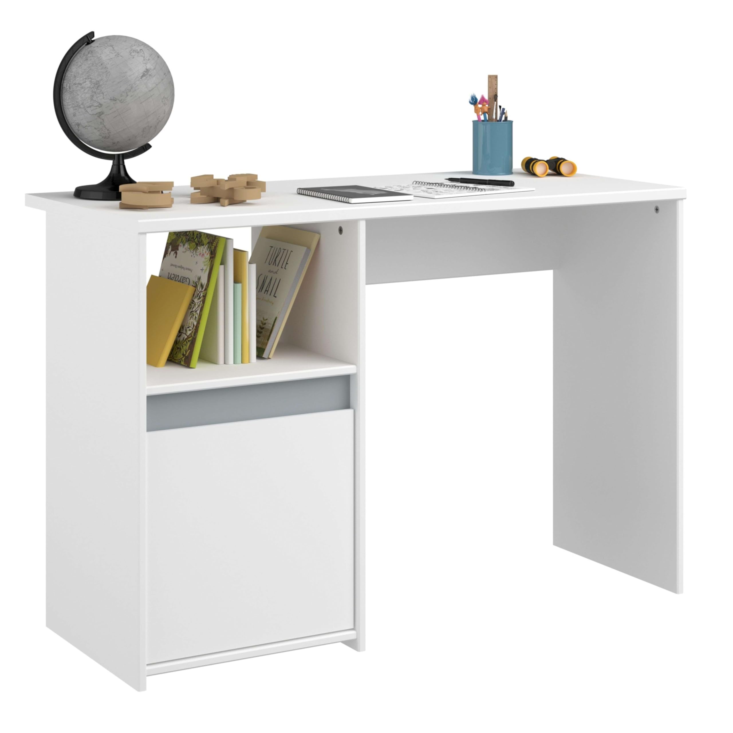 Miroytengo Escritorio Juvenil Germain con 1 Puerta, 1 Estante, Blanco Mate y Gris, 110cm - Diseño Moderno y Funcional