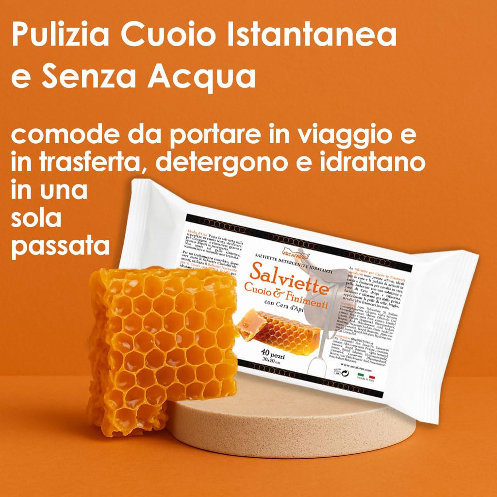 Salviette per Cuoio e Finimenti SAPOWIPE profumo Miele e Cera d'Api Arcafarm 40 Pezzi - Pulizia senza Acqua per pelle e cuoio, Selle, stivali e accessori Equitazione, azione idratante e nutriente