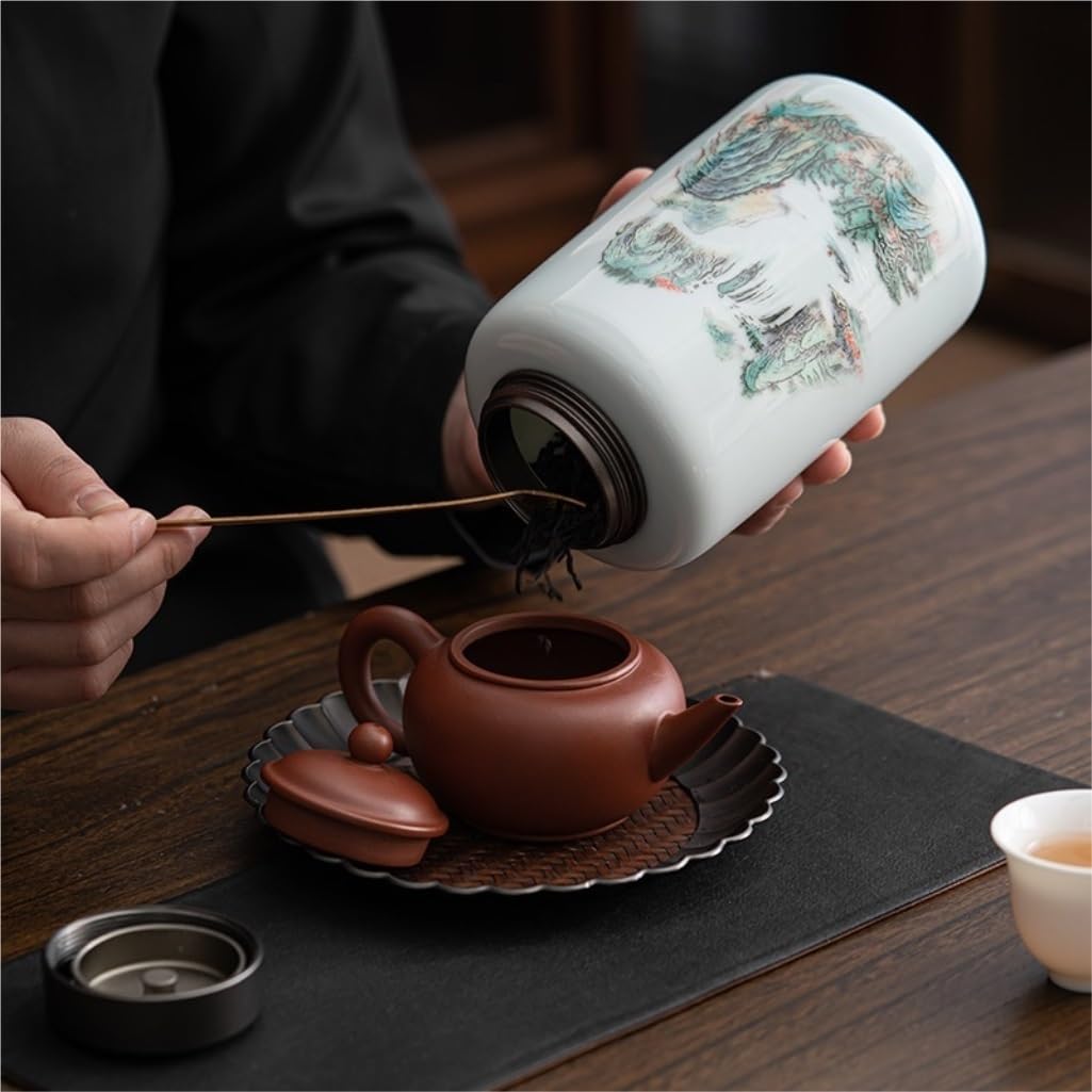 Lata de té Tanque de Almacenamiento té Grande cerámica con Pintura Tinta, Tanque Sellado en Espiral aleación, Caja Regalo Simple y Doble Carrito de té(Single Can Gift Box)