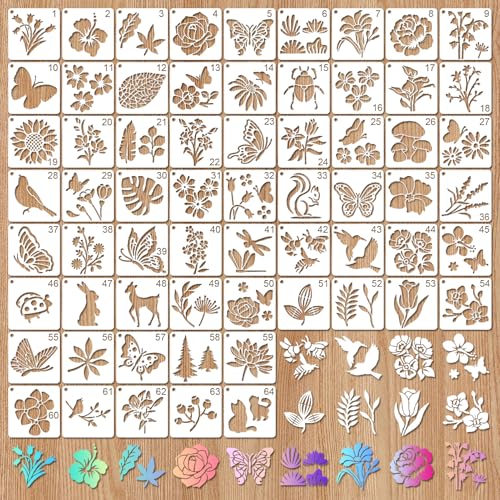 64 Stück Schablonen Set, Wefaly Malschablonen Kinder Schablonenfolie Wiederverwendbar Hohl Spray Kunststoff mit Blumen Blättern Tieren für DIY Möbel Boden Scrapbooking Textilgestaltung (7.6x7.6cm)