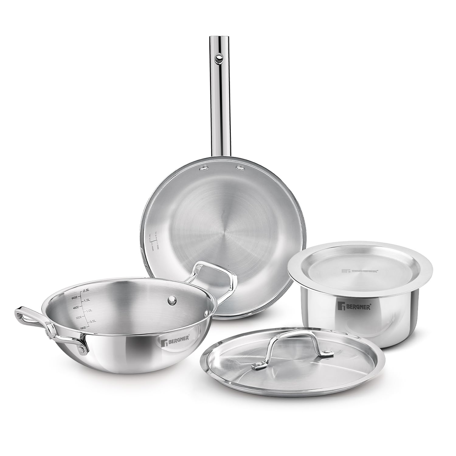 Bergner Tripro Triply Cookware Set 5 Pcs - 22cm (2.3L) Kadai with Lid, 22cm Frypan, 16cm (1.8L) Tope with Lid, Consumes Less Oil, Healthy Cooking, Even Heat Distribution, Induction and Gas Stove Ready