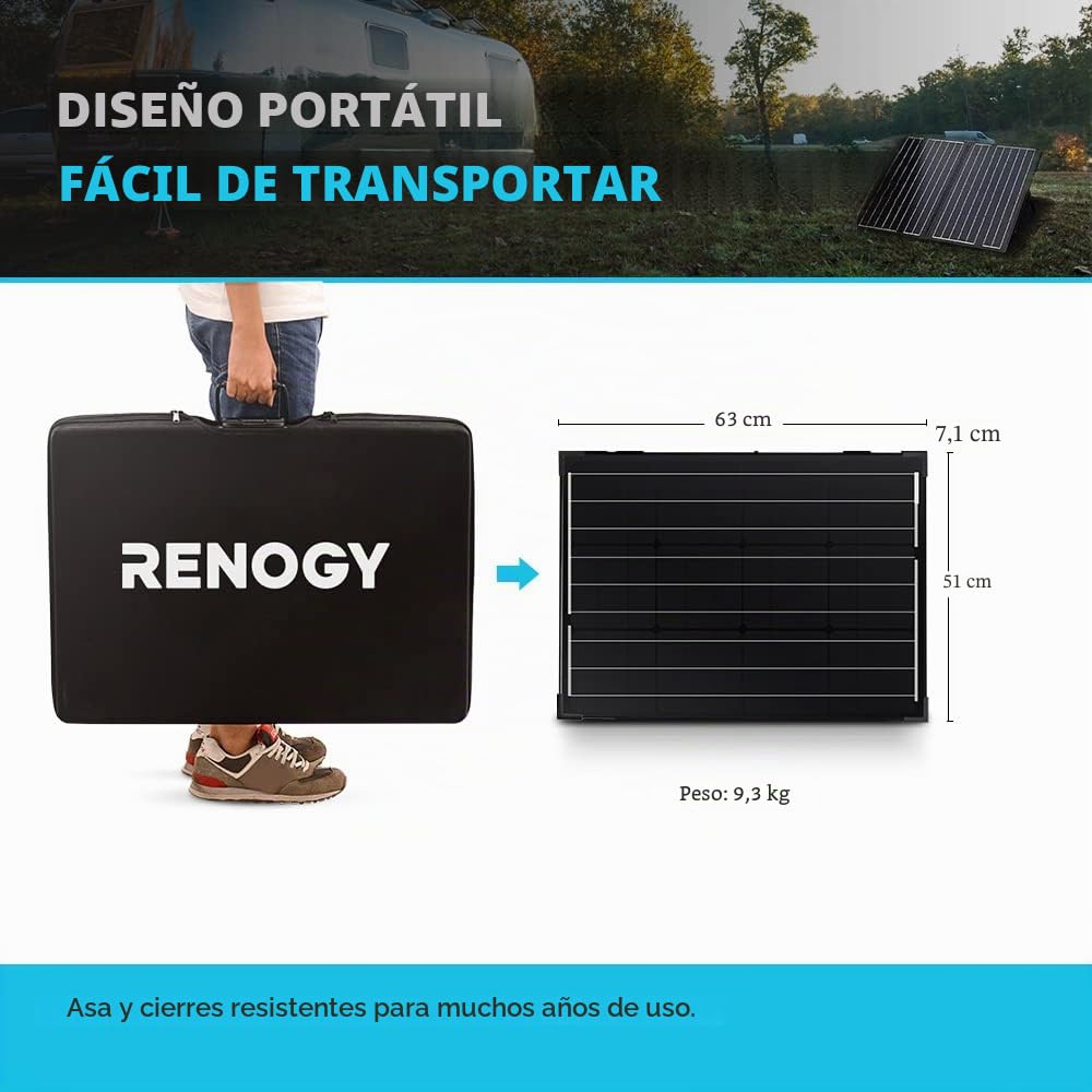 Renogy Panel Solar portátil de 100 W y 12 voltios para Central eléctrica, Maleta Plegable de 100 W con Soporte Ajustable, Cargador Solar para Caravana, Camping, Sistema Fuera de la Red, Color Negro