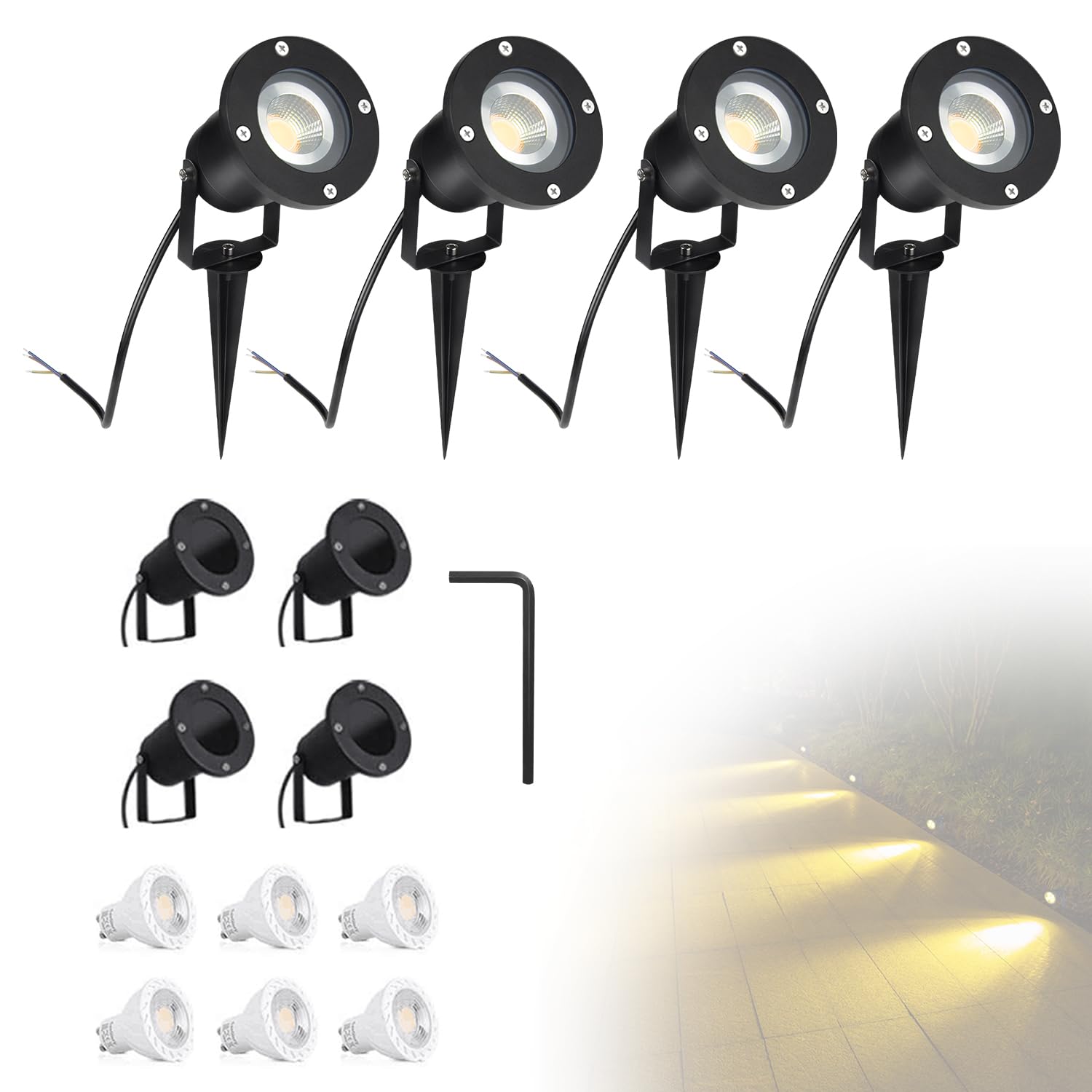 CPROSP 4 szt. 5 W GU10, żarówki ogrodowe, ciepła biel, wodoodporne lampy solarne do użytku na zewnątrz, do ogrodu, ścieżki, przejścia, AC85-265 V, 3000 K, dodatkowe 2 diody LED
