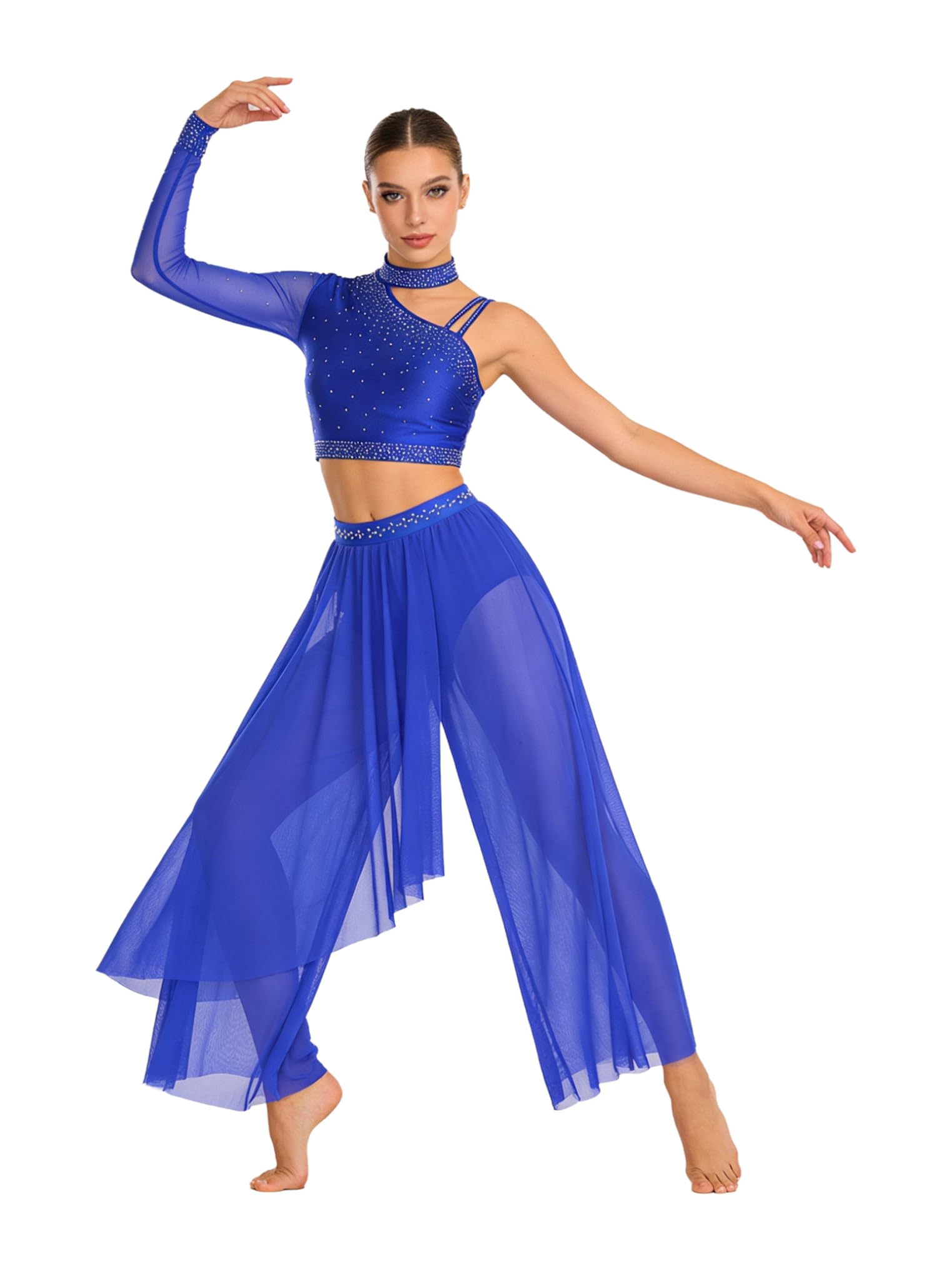 Traje Bailarina Ballet Mujer Vestido Baile Contemporáneo Crop Top Danza de Manga Larga y Pantalones Malla de Gimnasia Rítmica Traje de Baile Azul real M