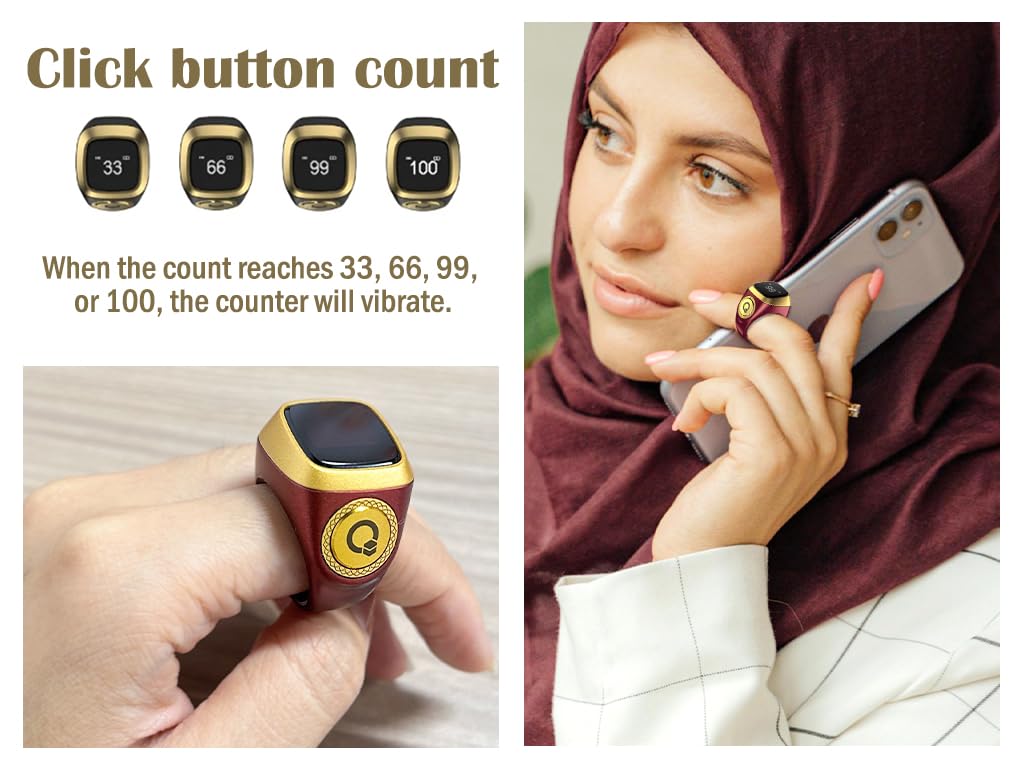 Kellegour Smart Tasbih Tally Counter Ring,Rechargeable Electronic Finger Counter,20mm Smart Ring Digital Tasbeeh Counter,Digital Electronic Tasbeeh Counters for Prayer with Vibration Reminder,Brown - Image 4