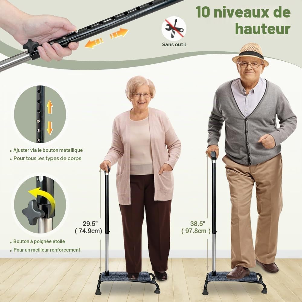 Canne d'Escalade pour Personnes Âgées - Demi-Marche, Aide à l'Ascenseur d'Escalier, 4 Broches, Grande Base Quad, Bâtons de Marche Réglables