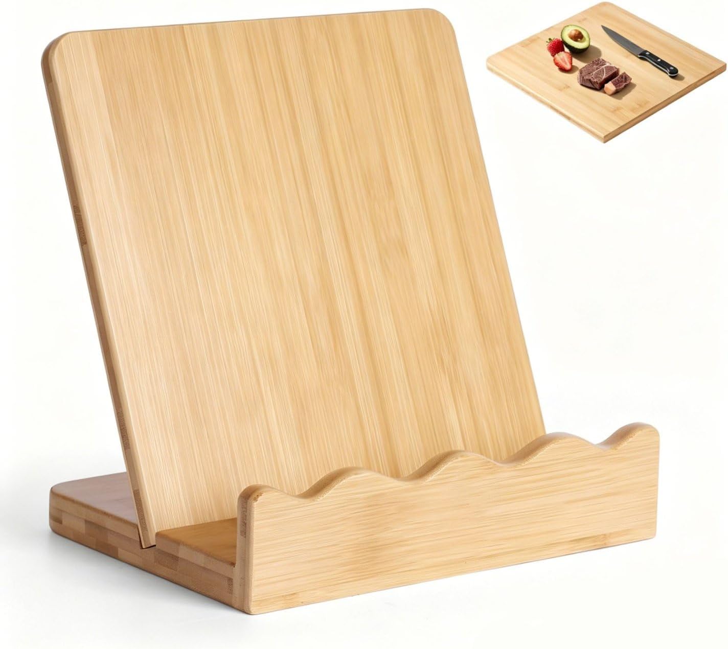Scalloped Wooden Cookbook Stand with Removable Cutting Board – Recipe Book Holder, Charcuterie Board & Kitchen Serving Tray – Kitchen Counte Decor/Bamboo