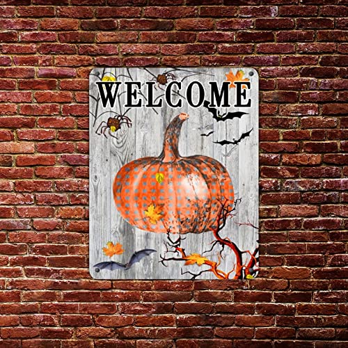 Panneau métal Welcome Halloween citrouille érable 30x40 cm décor mural