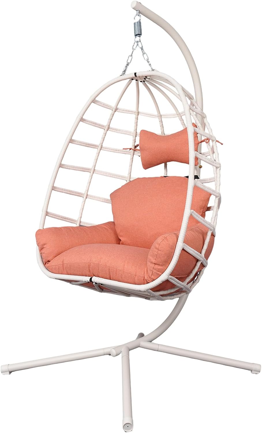 Hanging Egg Chair with Stand Outdoor Indoor Rattan Wicker Swing Hammock Chairs with Cushions & Headrest 350 lbs Capacity Egg Swing Chair for Patio Garden Balcony Bedroom (White with Orange)