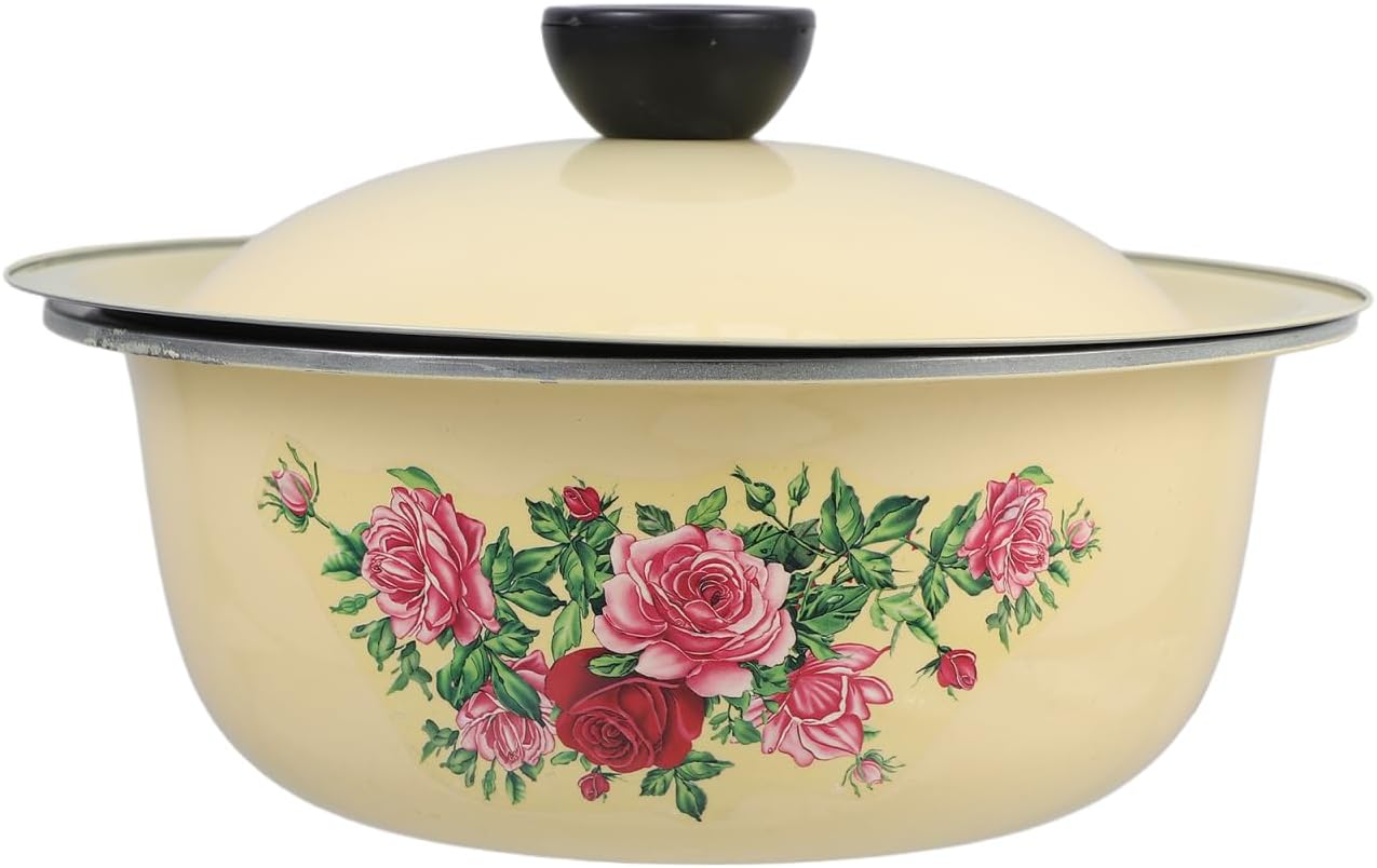 Luxshiny 800ml Vintage Enamel Mixing Bowl with Lid 7Inch/18cm Rustic Kitchen Enamel Pot for Dough Kneading Salad Fruit Washing Kitchen Prep (Random Pattern)