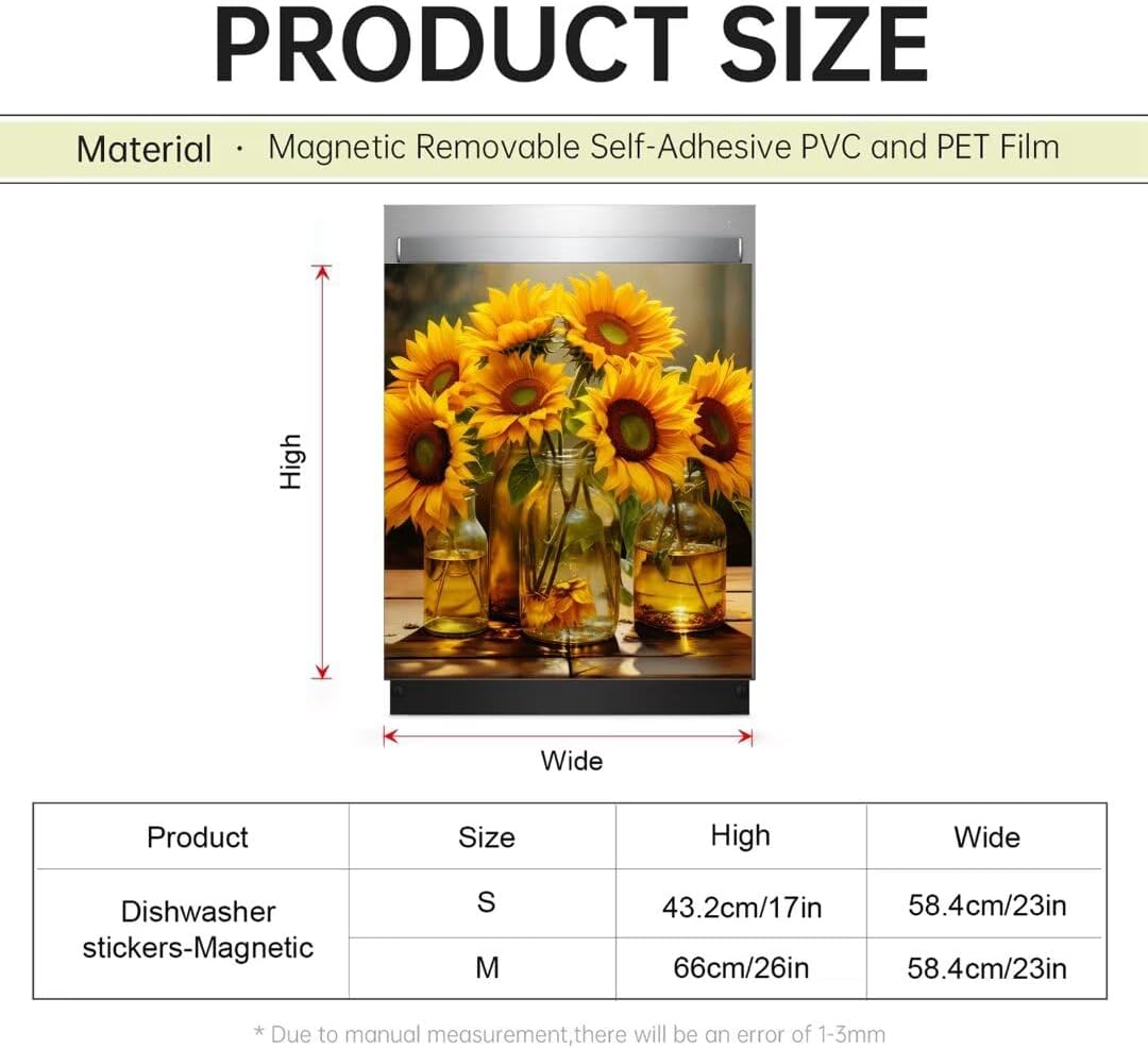 Generic Glass Bottle Flower Art Dishwasher Magnet Cover Kitchen Decor, Farmhouse Sunflower Fridge Magnet Decals Sheet, Magnetic Dishwasher Panel Decal, 23" x 26" Magnetic