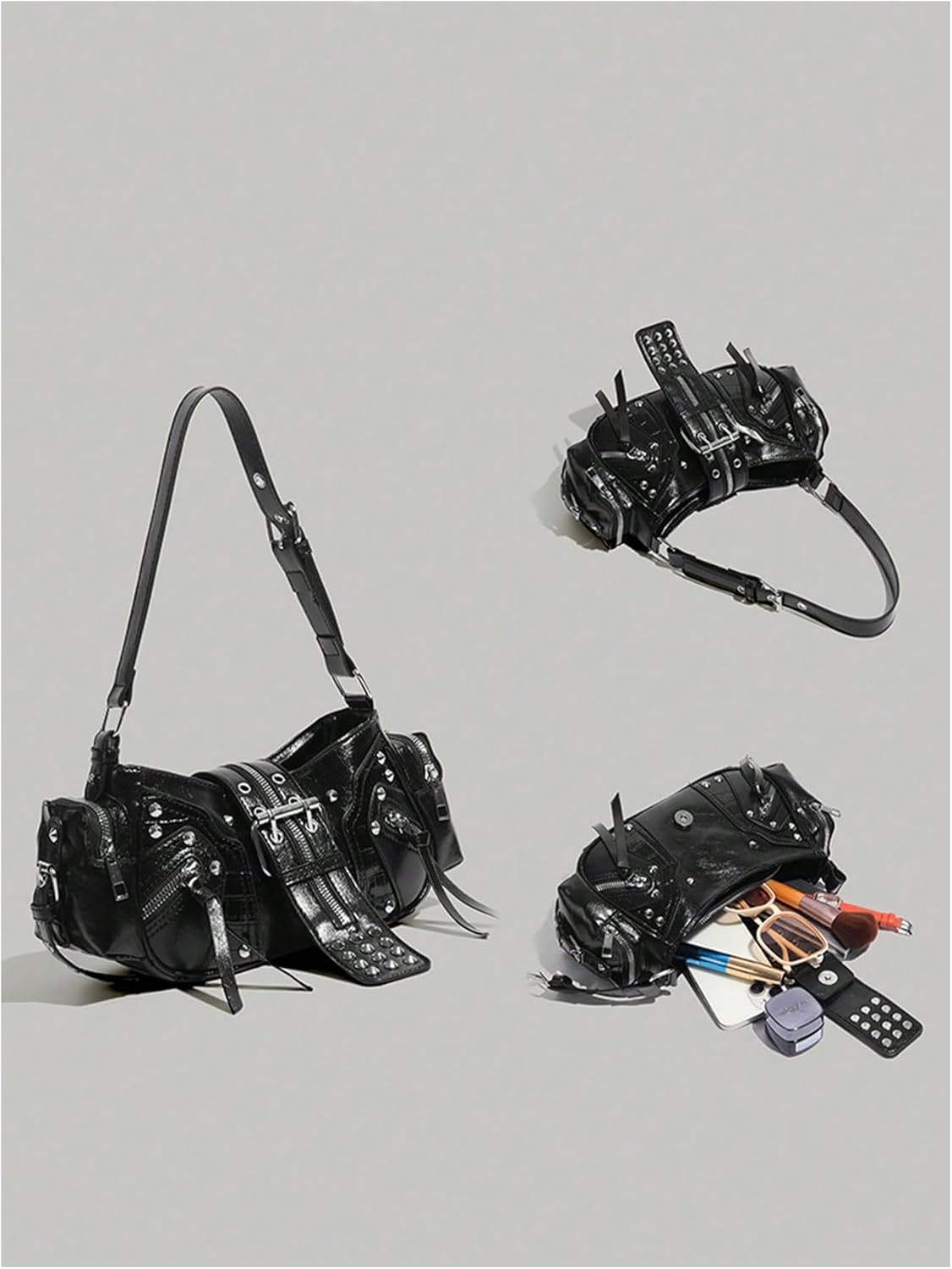 MakeMeChic Women's Rivet Shoulder Bag PU Leather Buckle Y2K Punk Vintage Tote Bag Handbags - Image 2