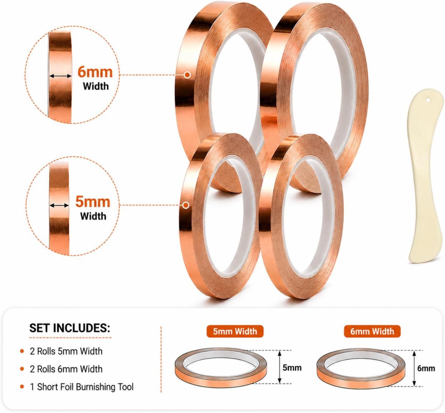 4 Rolls Copper Foil Tape for Stained Glass, 5mm and 6mm Copper Foil Tape Set with Foil Burnishing Tool, Stained Glass Making Supplies for Glass Edges and Soldering Prep