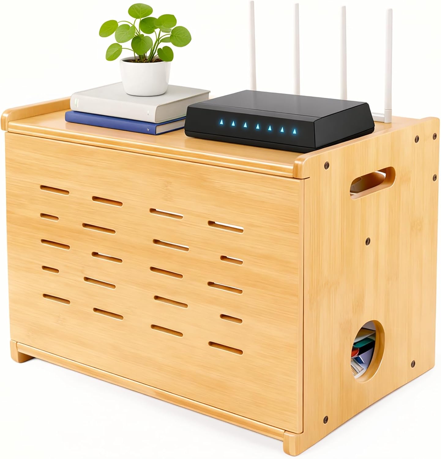 Fullin Upgrade WiFi Router Storage Box Hider, Large Capacity Projector Shelf, Wall Mount or Desktop Cable Management Box, Bamboo Modem Organizer Power Strip Hider Rack Need Assembly