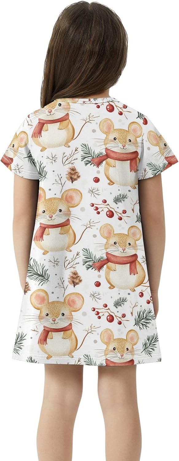 Watercolor Mouse Girls Dresses Summer Dresses for Girls with Cotton Short Sleeves for Casual a Line Dress Size 2-8Y