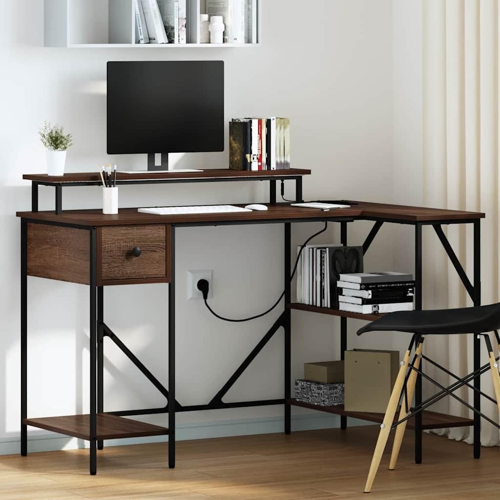Escritorio con estante marrón efecto roble madera 120 x 79 x 86,5 cm mesa de trabajo con cajón e iluminación LED, espacio de almacenamiento para oficina y oficina en casa