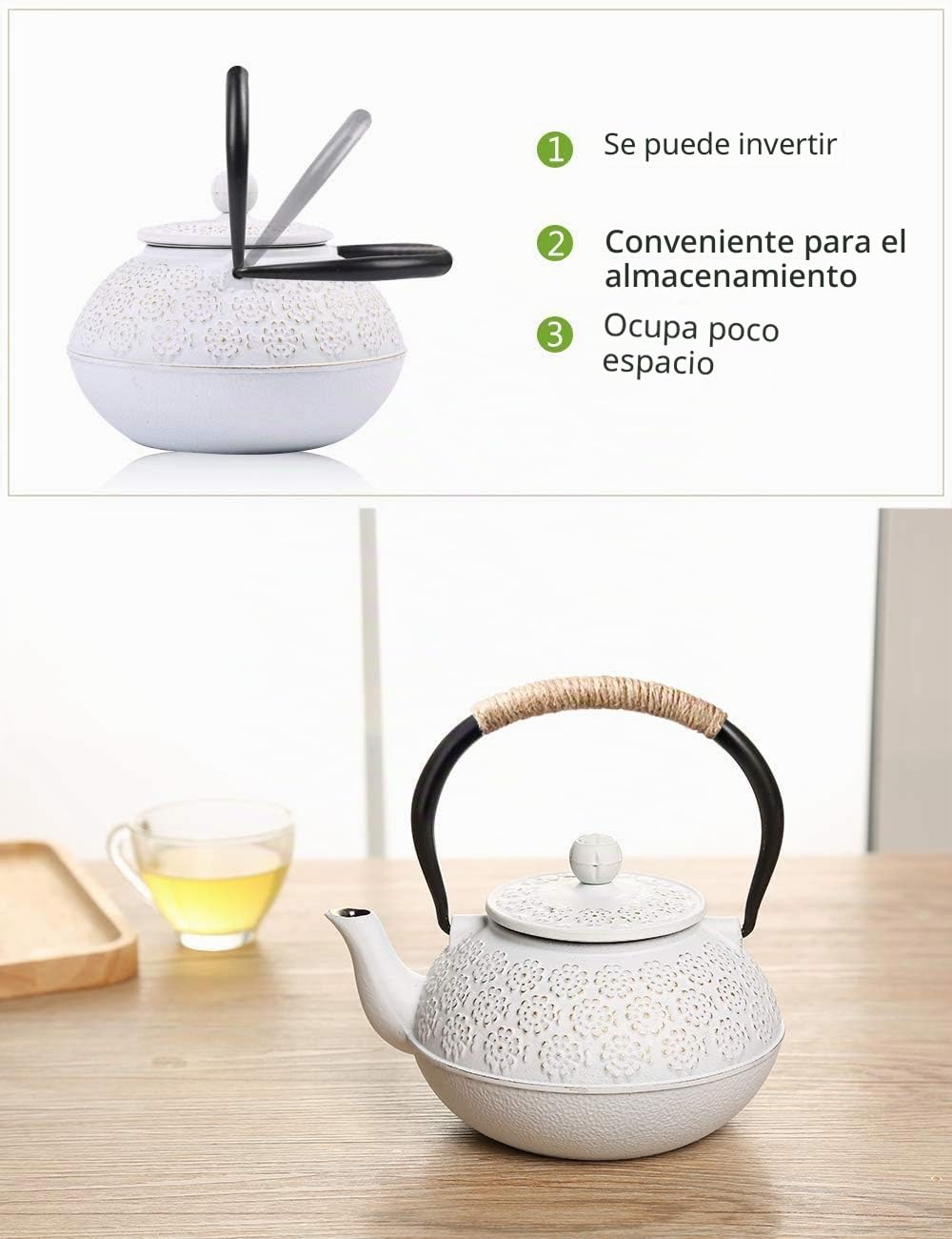 Tetera de hierro fundido japonesa tetsubina con colador de té, 800 ml, color blanco