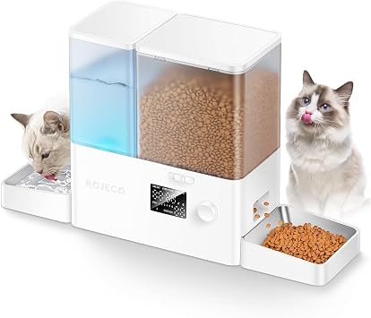 8.5L Automatic Cat Feeder,ROJECO 2-in-1 Pet Feeder with Timer,Large Capacity Cat Food Dispenser with Food Feeder and Water Fountain,Stainless Steel Bowl,Knob Control Automatic Feeders for Cats Dogs