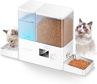 Rojeco 2-in-1 Futterautomat und Wasserspender, 5L Trockenfutter Automat für Katzen mit 3.5L Wassertank, Programmierbarer Futterspender Katze mit LED-Display, für Kleine und Mittelgroße Haustiere