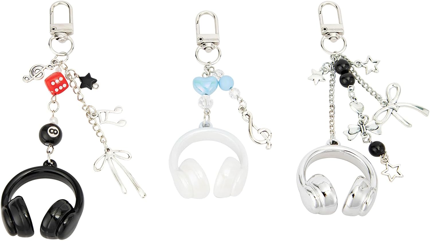 3 pcs Y2K Black Cute Keychain Charm Accessories Aesthetic Music Art Headset,Blue Silvery Car Ring Purse Bag Decor Hook for Women Men