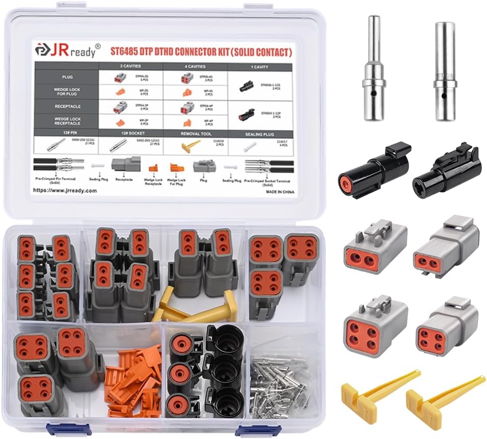 JRready ST6485 DTP DTHD Connector Kit, Deutsch Connector Kit with 2 4 Pin DTP Connectors and 1 Pin DTHD Connectors, Size 12 Solid Contacts 12-16AWG, Removal Tools