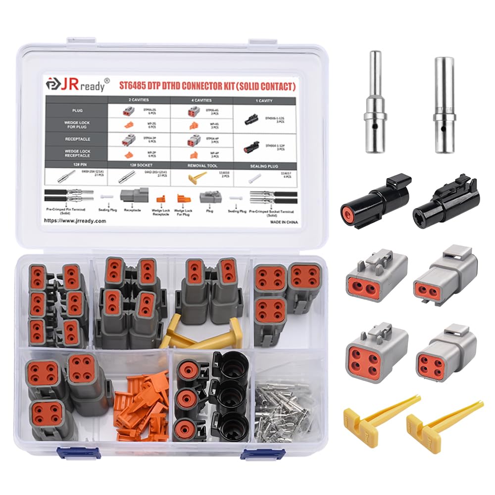 JRreadyST6485 DTP DTHD Connector Kit, Deutsch Connector Kit, DTP Connectors 2 4 Pin and DTHD Connectors 1 Pin with Size 12 Solid Contacts Deutsch Pin 12-16AWG, Removal Tools