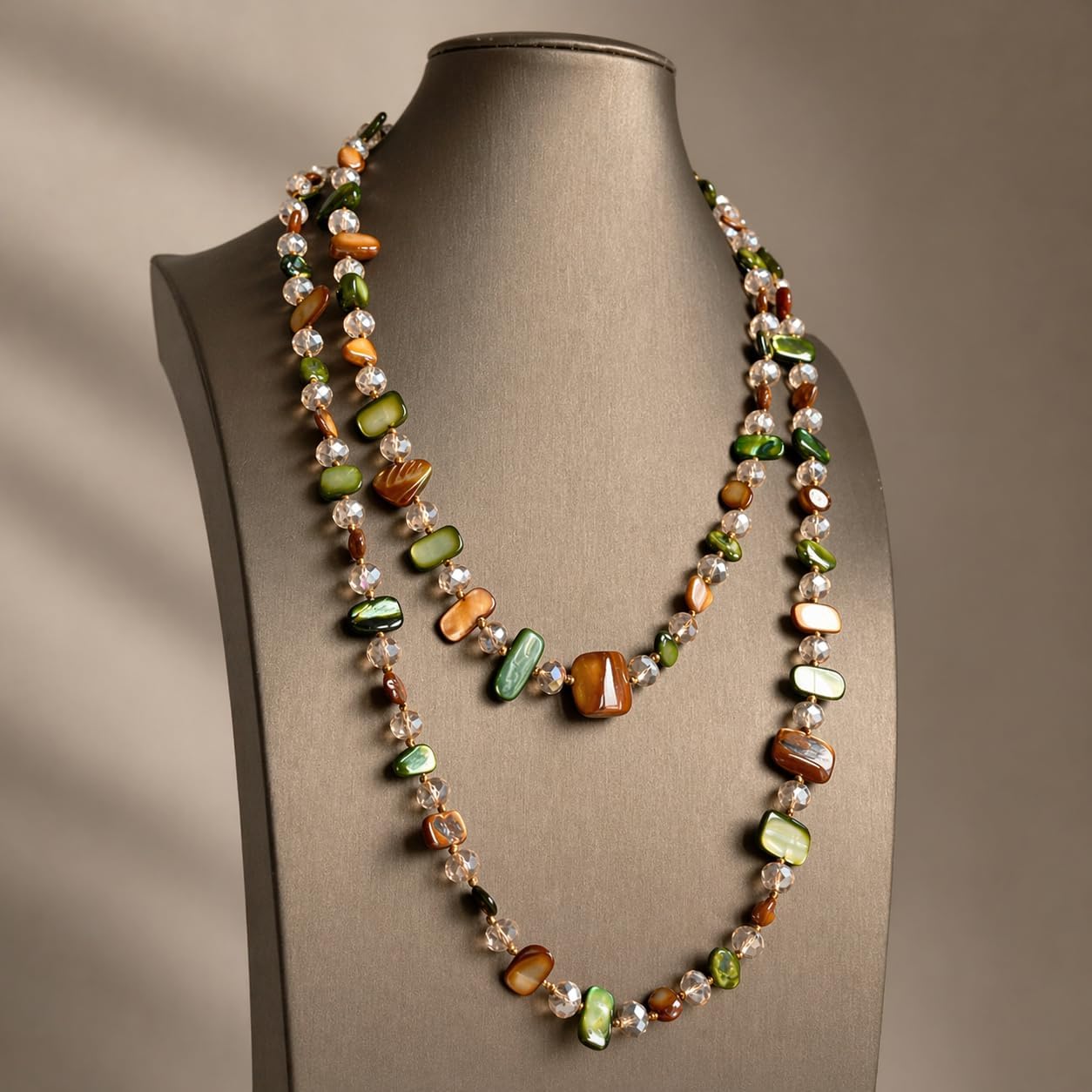 Long Boho Beaded Necklace for Women, Convertible Layered or Single Strand Necklace, Green Brown Irregular Stone Bead Necklace, Vintage Vacation Statement Jewelry