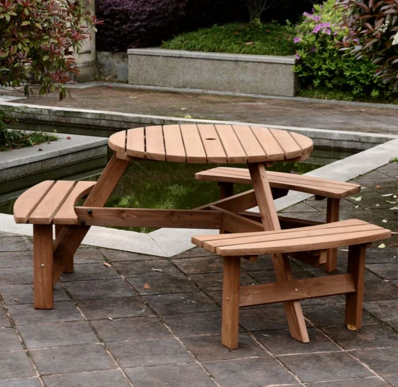 Round Picnic Table Outdoor Garden Dining Furniture Wooden Patio Pub Bench/Chairs 6 Seater Deck Backyard Park Beer Bar Compact Bistro Set Parasol Hole