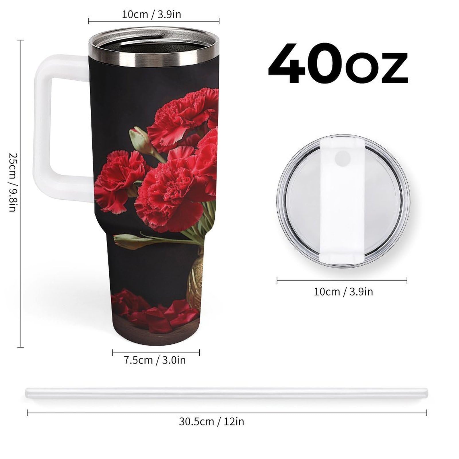 Romantische Nelkenbecher mit Strohhalm und Griff, doppelwandige Vakuumisolierung, Wasserflaschen für Eiskaffee, Tee, heiße und kalte Getränke