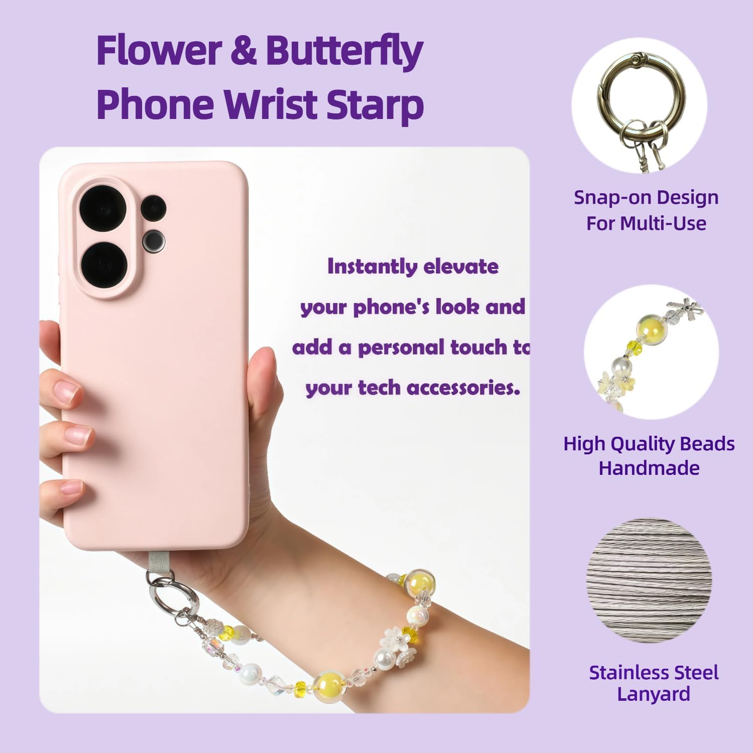 Handmade Flower & Butterfly Phone Wrist Strap Lanyard - Detachable Anti-Drop Strap with 2 Tether Tabs -Women's Gift - Image 2