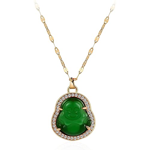 COLORFUL BLING Lucky Laughing Buddha Pendant Necklace Green Jade CZ Gemstone Amulet Jewelry for Women Men