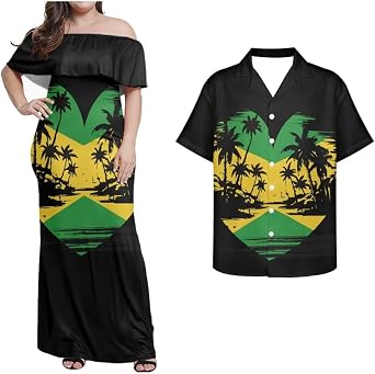 Jamaican Couple Matching Jamaican Clothing Jamaica Flag Dresses & Man Shirt Jamaican Couple Dress for Men and Women